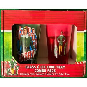 New in Box  ELF 2- 16oz Glass Glasses and Ice Cube Tray Combo